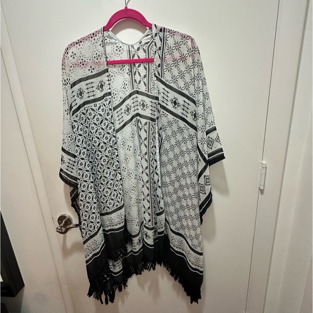Black & White Shawl swimsuit cover up dress w fringe oversized
